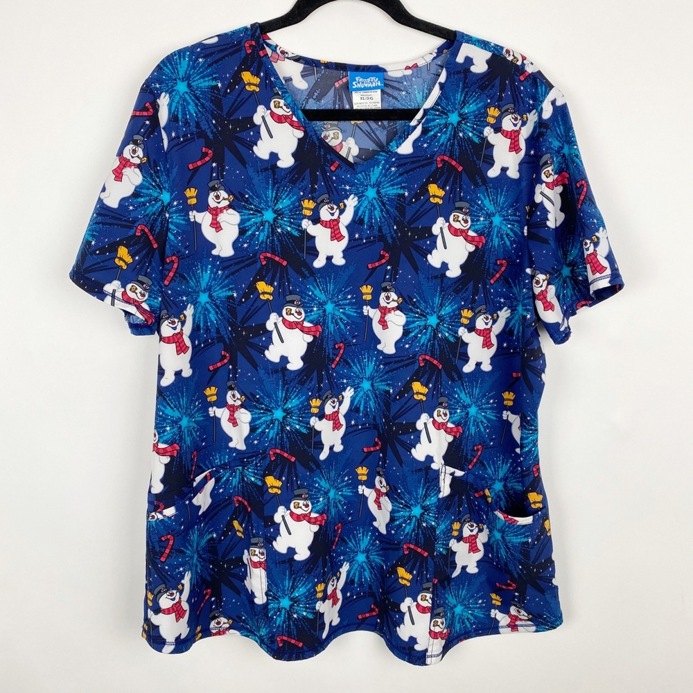 Frosty the Snowman Christmas Fireworks V-Neck Scrub Top Women XL Navy Blue Multi